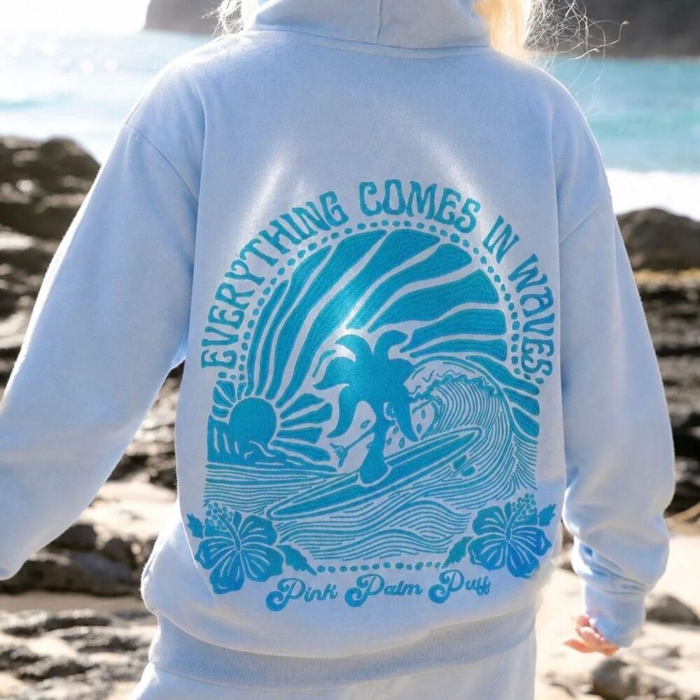 New Pink Palm Puff "Everything Comes in Waves" Hoodie in Blue - XXS